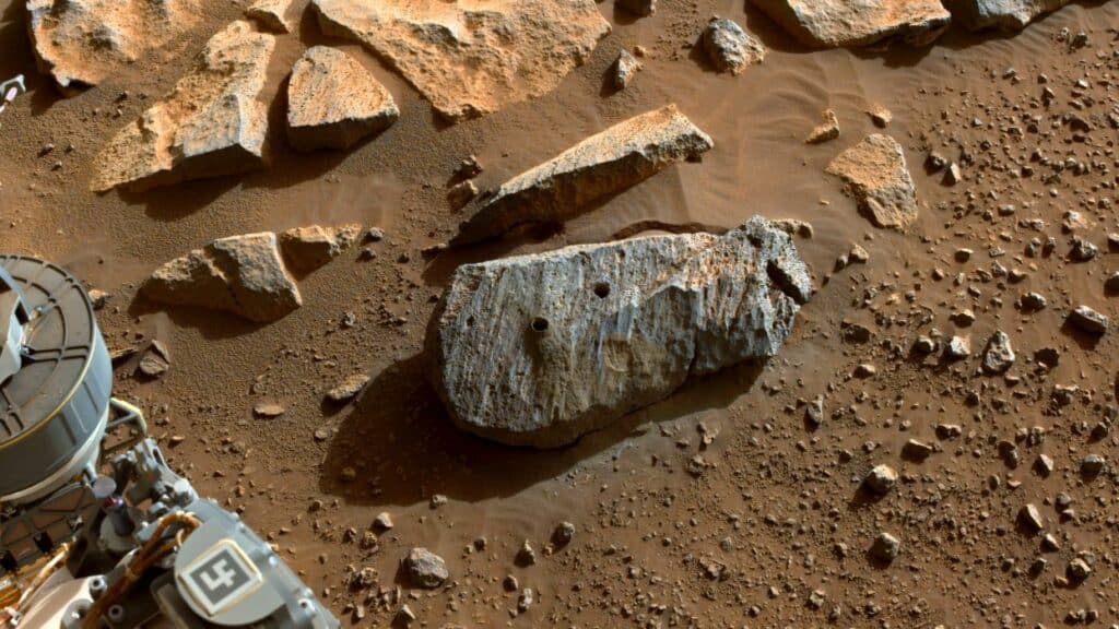 An image taken by the Perseverance Mars rover of the rock “Rochette"