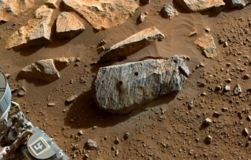 An image taken by the Perseverance Mars rover of the rock “Rochette"