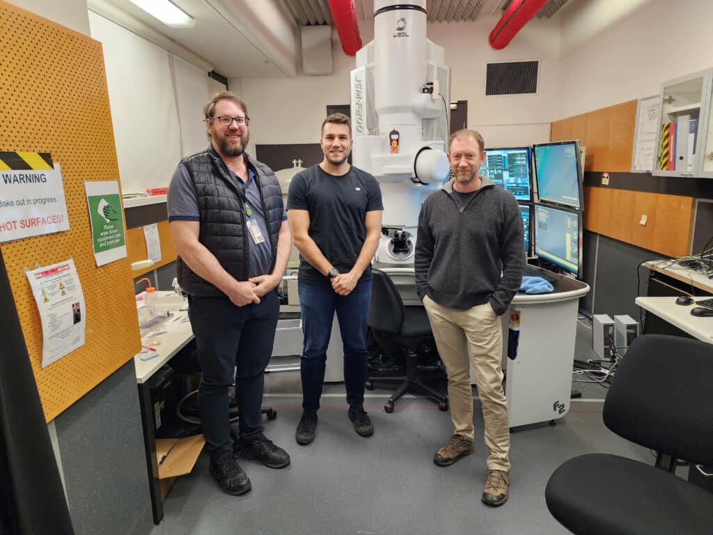 Professor Dougal McCulloch (left) and PhD scholar Alan Salek from RMIT with Professor Andy Tomkins from Monash University (right) at the RMIT Microscopy and Microanalysis Facility. (