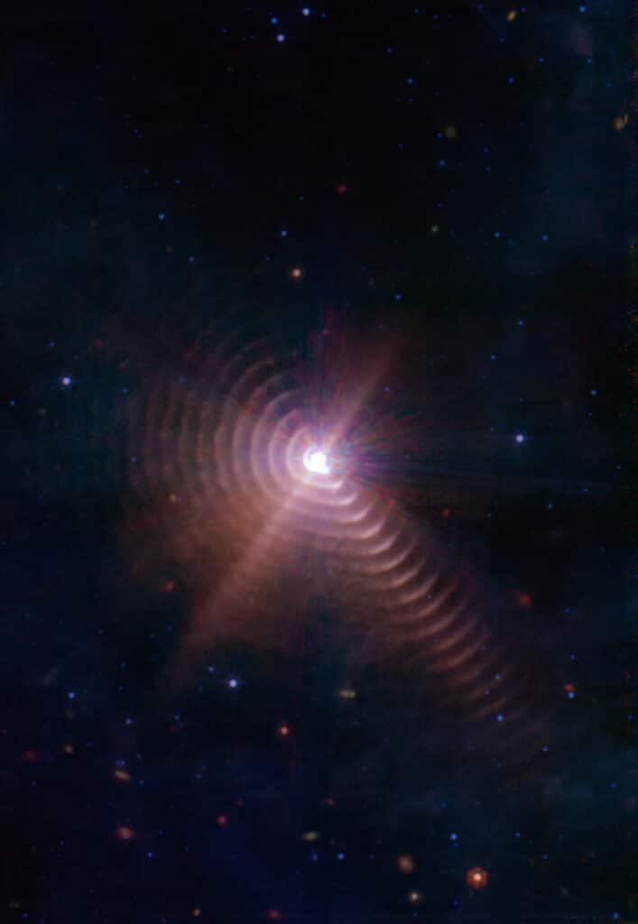 WR140 JWST image of concentric dust rings emanating from the WR140 binary