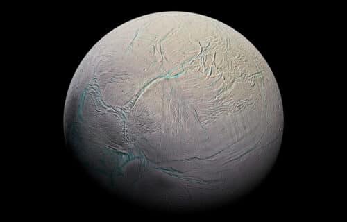 Illustration of Enceladus moon of Saturn, possibly having a subsurface ocean.