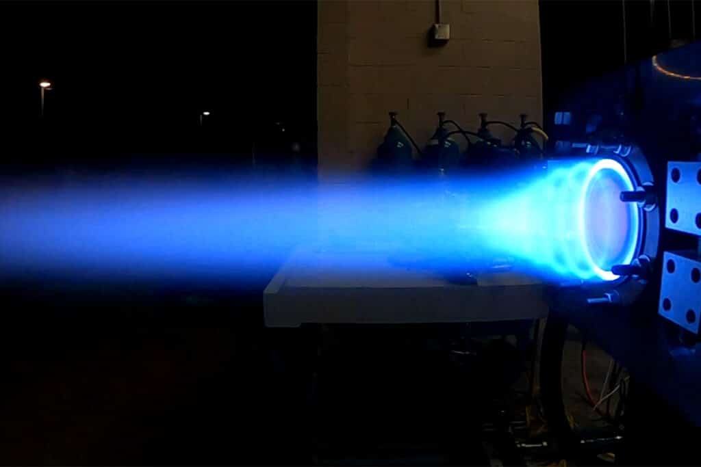 Thrust propulsion testing and characterization of the UCF rotating detonation rocket engine is shown in this photo