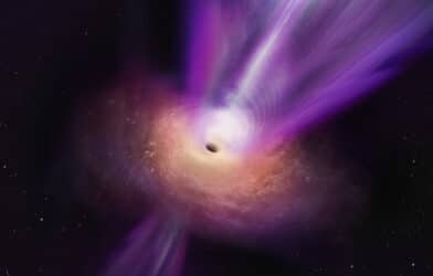 Artist’s conception shows a close-up view of the accretion flow and the jet emerging from the black hole region in Messier 87