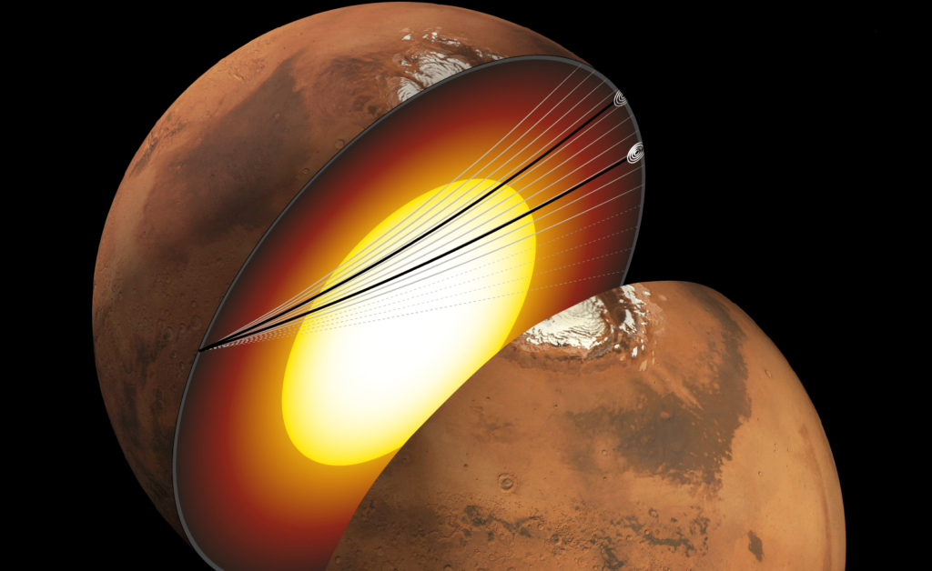 An artist’s depiction of the Martian interior and the paths taken by the seismic waves as they traveled through the planet’s core.