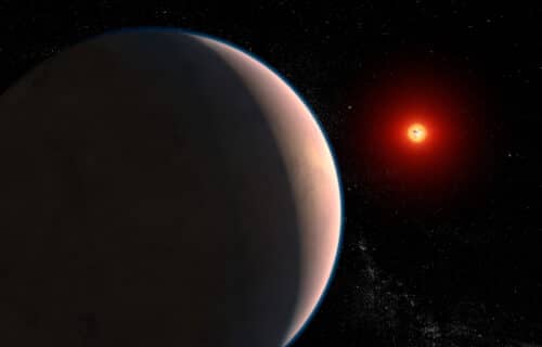 This artist concept represents the rocky exoplanet GJ 486 b,