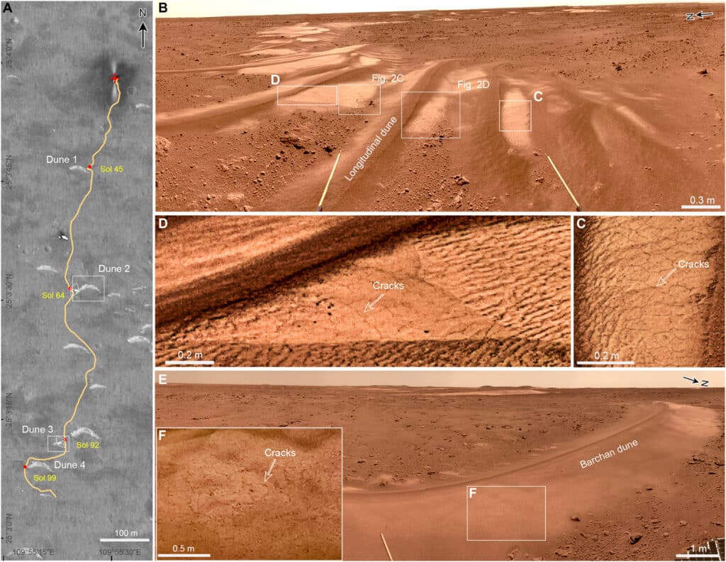 Exploration route of Zhurong rover and cracks on bright sand dunes.