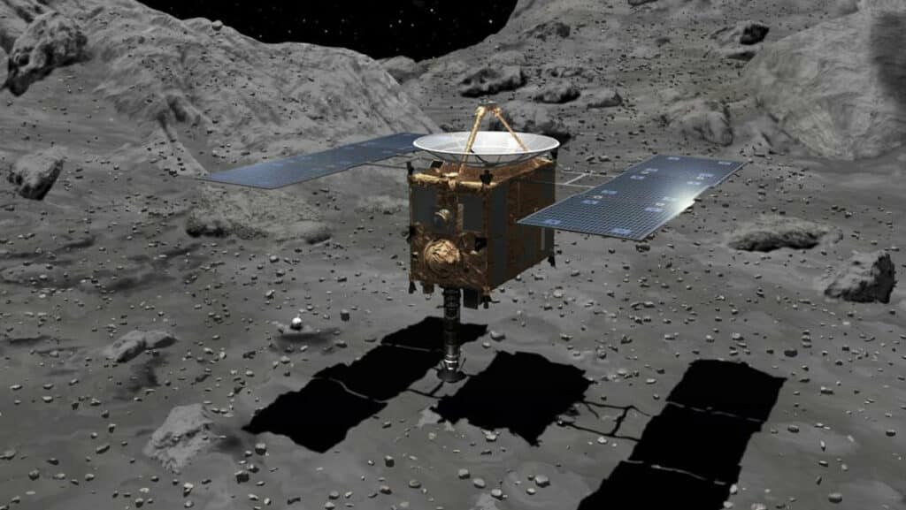 Artist's impression of the Japanese spacecraft Hayabusa touching down on the asteroid Itokawa in 2005.