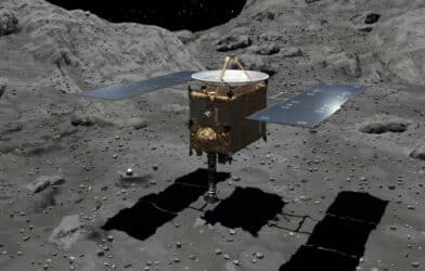 Artist's impression of the Japanese spacecraft Hayabusa touching down on the asteroid Itokawa in 2005.