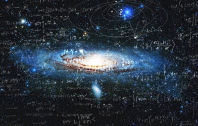 Science and research of the universe, spiral galaxy and physical formulas, concept of knowledge and education. Elements of this image furnished by NASA.