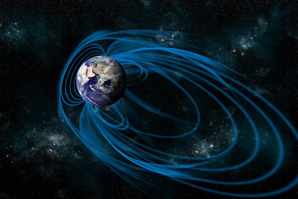 An artist's depiction of the magnetic lines of force surrounding Earth, known as the magnetosphere.