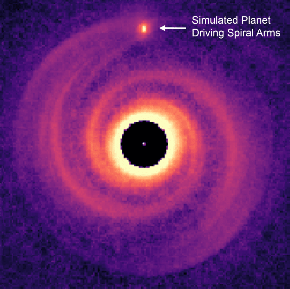 Image of a giant planet driving spiral arms in a protoplanetary disk from theoretical simulations
