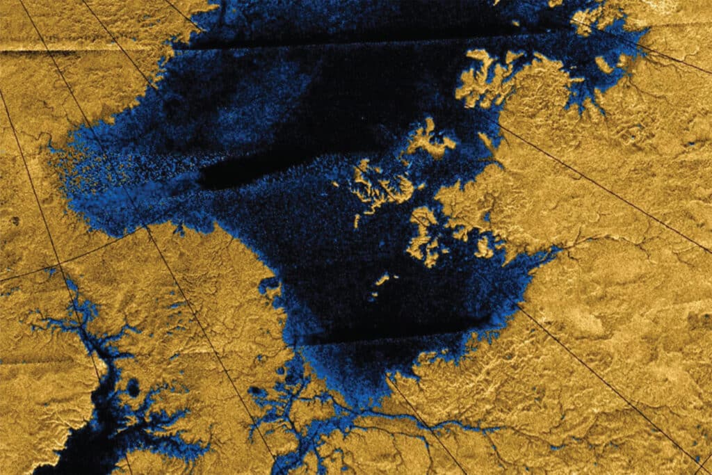 Images from the Cassini mission show river networks draining into lakes in Titan's north polar region.