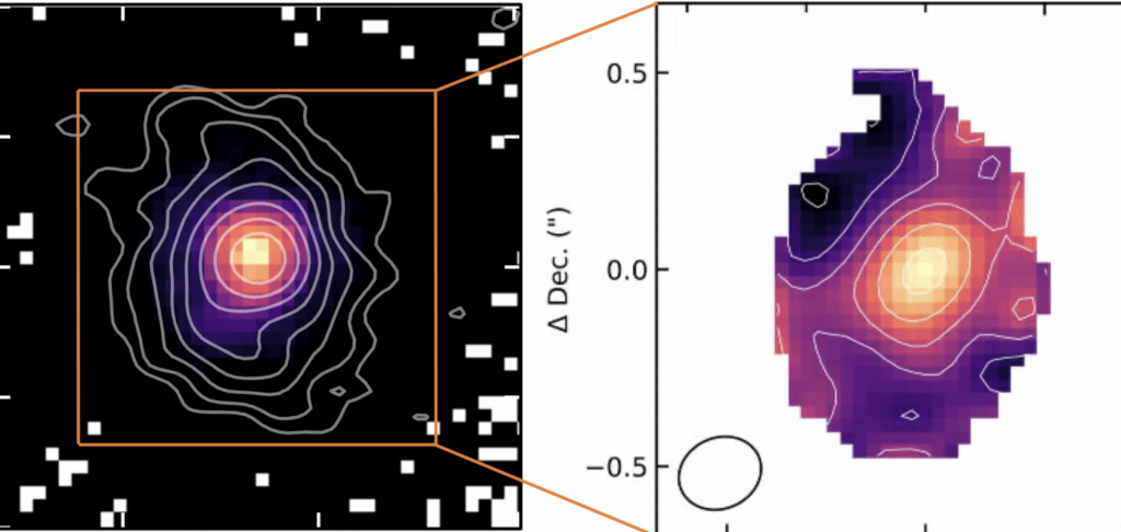 An optical image, left, of the galaxy captured by the Hubble Space Telescope with overlaid temperature contours as detected by ALMA. The image on the right shows the dust temperature map detailed in the study.