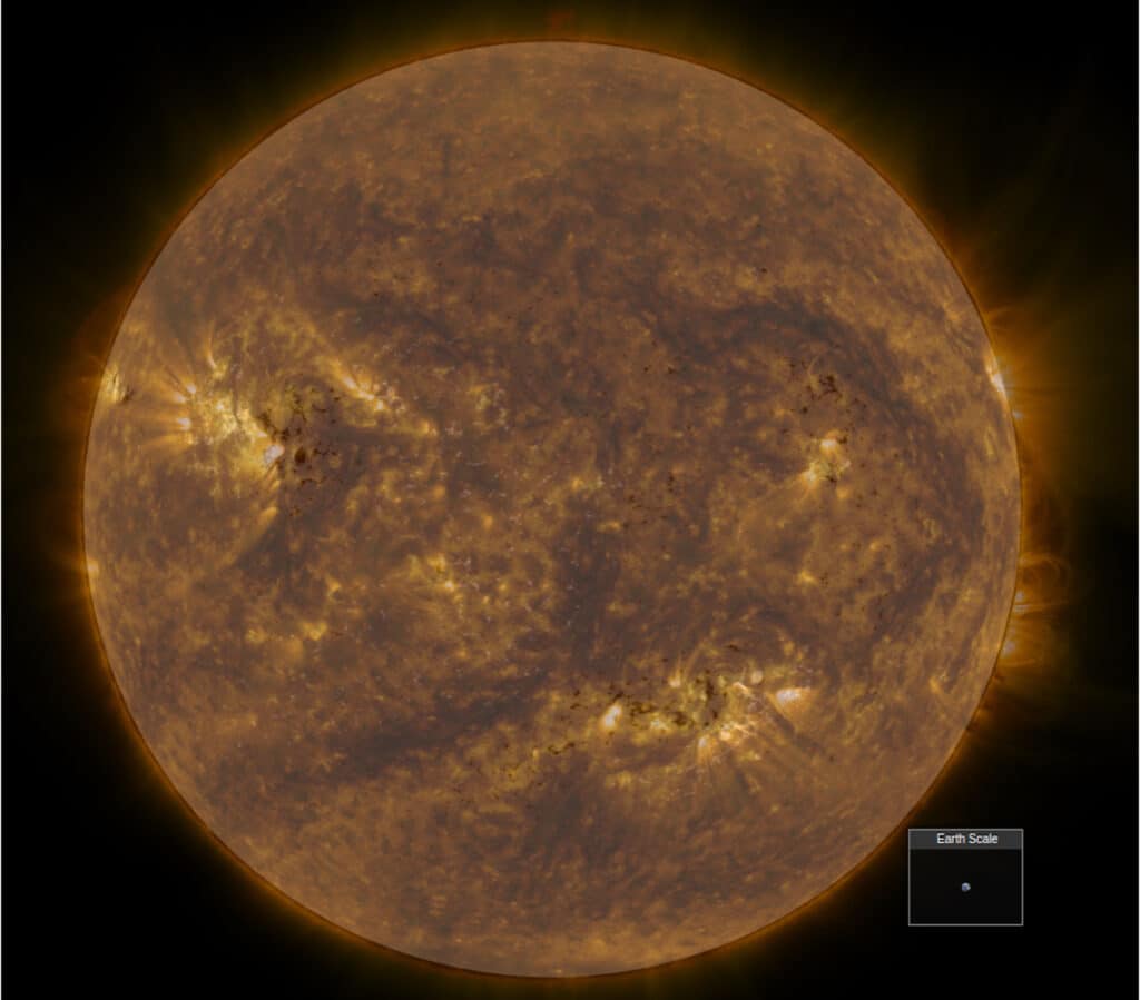 Extreme ultra-violet emission by solar coronal plasma at millions of degrees.