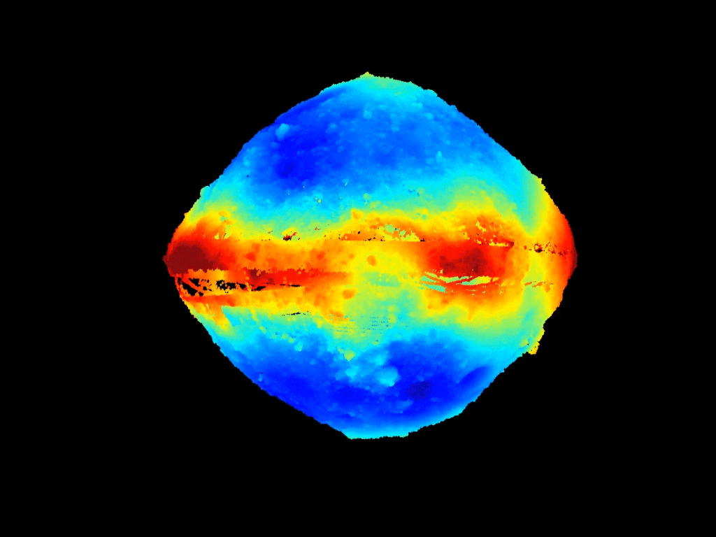This three-dimensional view of asteroid Bennu was created by the OSIRIS-REx Laser Altimeter (OLA), contributed by the Canadian Space Agency, on NASA’s OSIRIS-REx spacecraft.