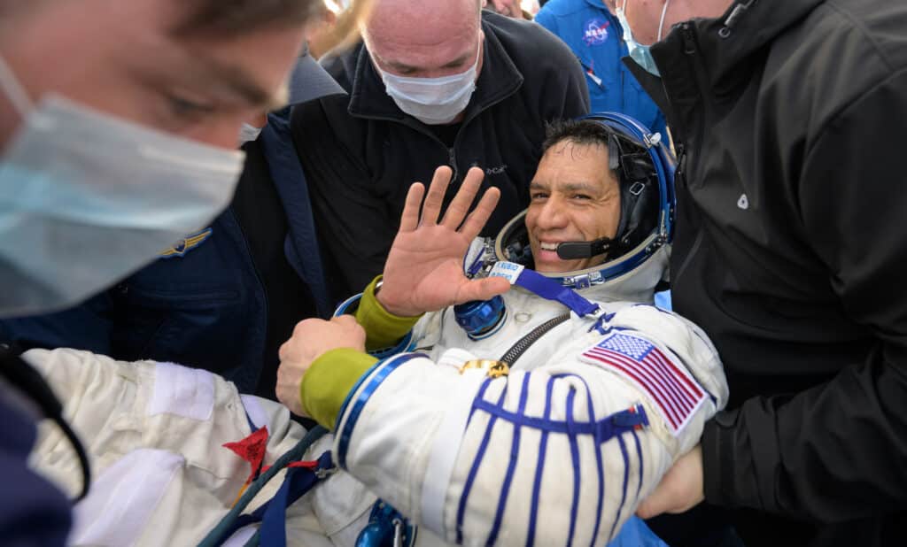 Expedition 69 NASA astronaut Frank Rubio is helped out of the Soyuz MS-23 spacecraft just minutes after he and Roscosmos cosmonauts Sergey Prokopyev and Dmitri Petelin, landed in a remote area near the town of Zhezkazgan, Kazakhstan.