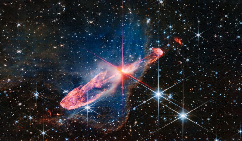 NASA’s James Webb Space Telescope has captured a tightly bound pair of actively forming stars, known as Herbig-Haro 46/47, in high-resolution near-infrared light.