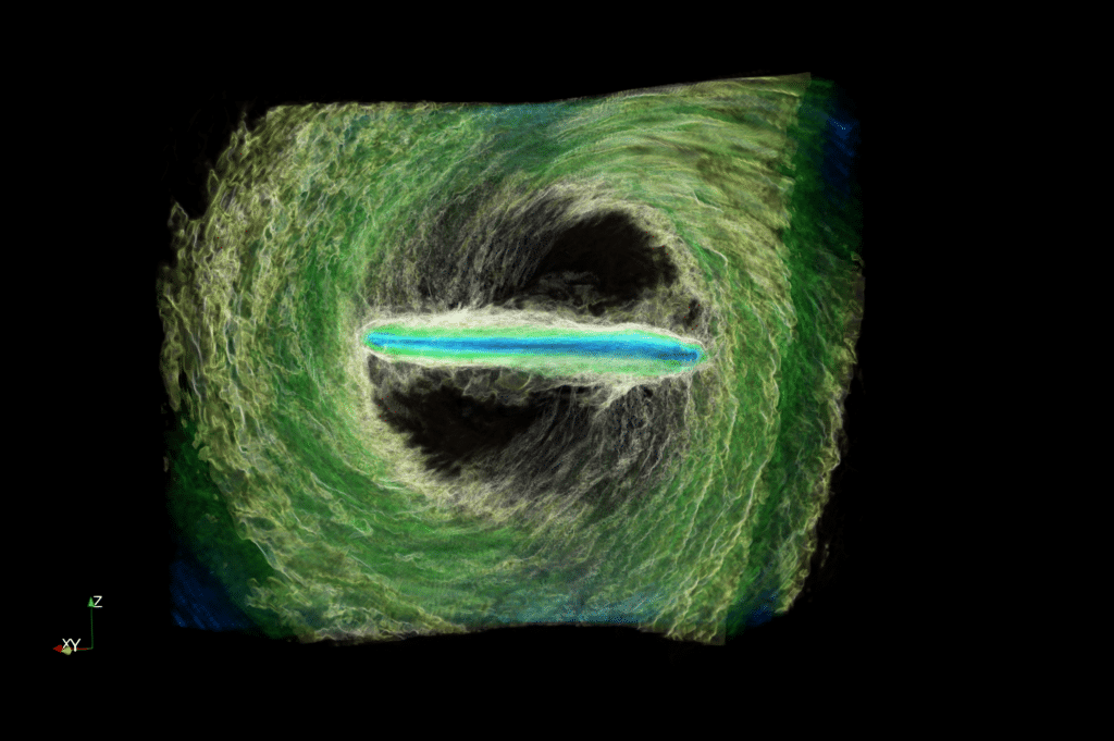 This still from a simulation shows how a supermassive black hole's accretion disk can rip into two subdisks, which are misaligned in this image.