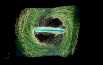 This still from a simulation shows how a supermassive black hole's accretion disk can rip into two subdisks, which are misaligned in this image.
