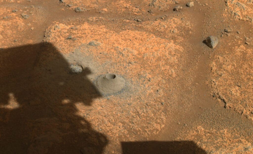 This image taken by NASA's Perseverance rover on Aug. 6, 2021, shows the hole drilled in a Martian rock in preparation for the rover's first attempt to collect a sample.