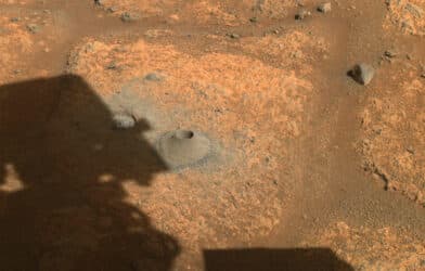 This image taken by NASA's Perseverance rover on Aug. 6, 2021, shows the hole drilled in a Martian rock in preparation for the rover's first attempt to collect a sample.