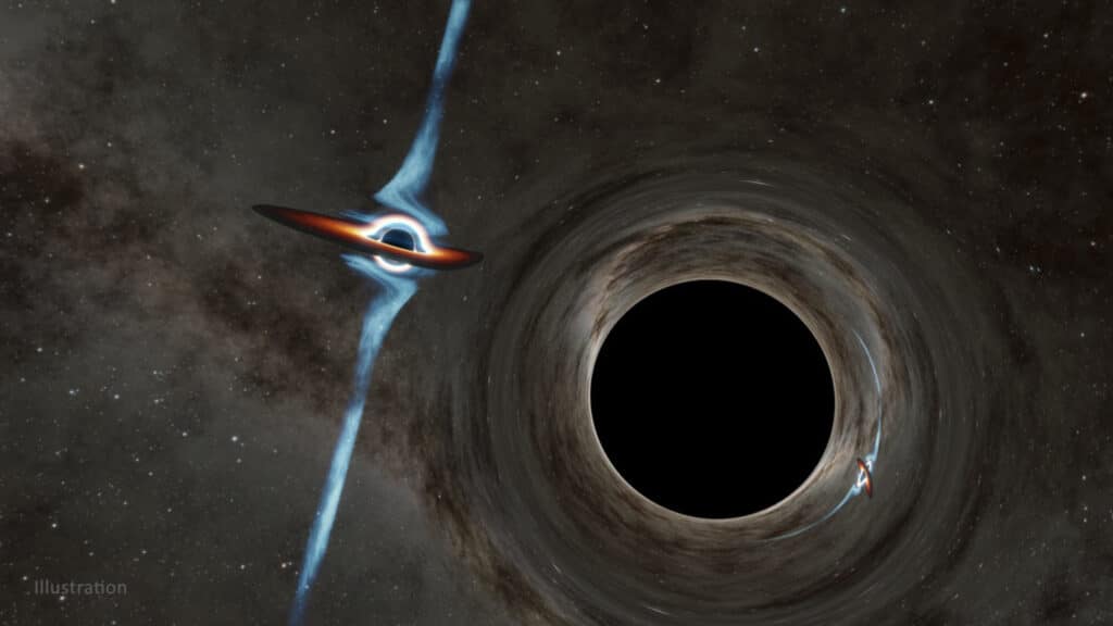 In this illustration, light from a smaller black hole (left) curves around a larger black hole and forms an almost-mirror image on the other side.