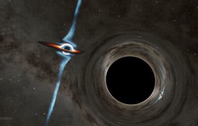 In this illustration, light from a smaller black hole (left) curves around a larger black hole and forms an almost-mirror image on the other side.