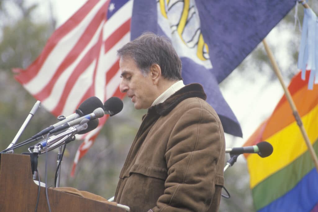Carl Sagan speaks at a rally in Washington, DC.