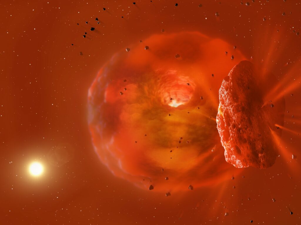 Image shows a visualization of the huge, glowing planetary body produced by a planetary collision.