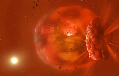 Image shows a visualization of the huge, glowing planetary body produced by a planetary collision.