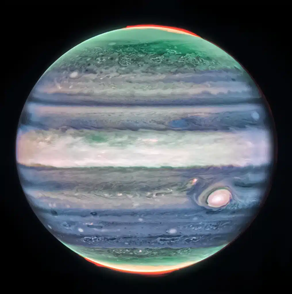This image of Jupiter from NASA’s James Webb Space Telescope’s NIRCam (Near-Infrared Camera) shows stunning details of the majestic planet in infrared light.