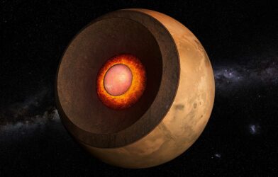 Analysis of Martian seismic data recorded by the InSight mission have revealed that Mars’s liquid iron core is surrounded by a150-​km thick molten silicate layer, as a consequence of which its core is smaller and denser than previously proposed