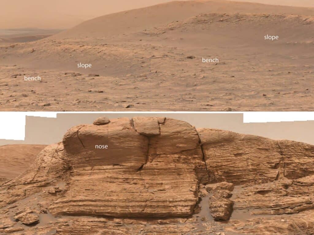 Bench-and-slope morphology pictured on Mars and nose morphology from the ground at Mar's Mont Mercou outcrop.