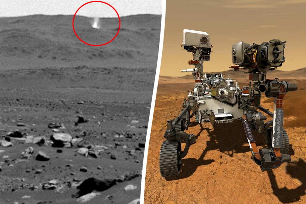 Still image shows the dust devil on Mars circled in red, alongside a photo of NASA's Perseverance.