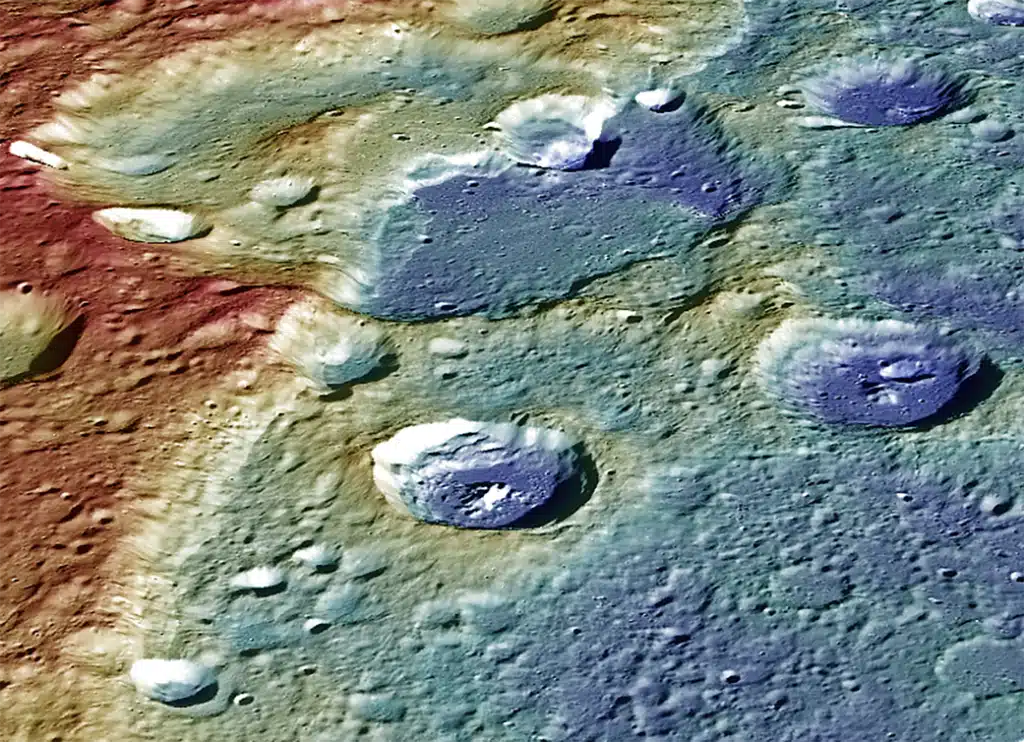 This image provides a perspective view of the center portion of Carnegie Rupes, a large tectonic landform, which cuts through Duccio crater. 