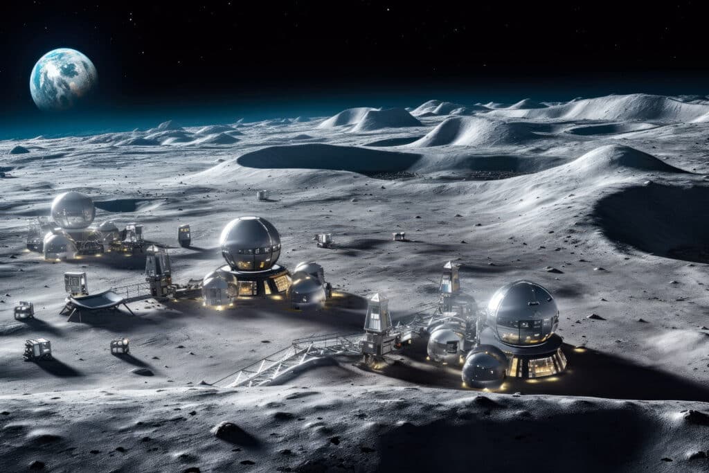 Space mining base operation on the moon surface, with planet Earth in the distance.