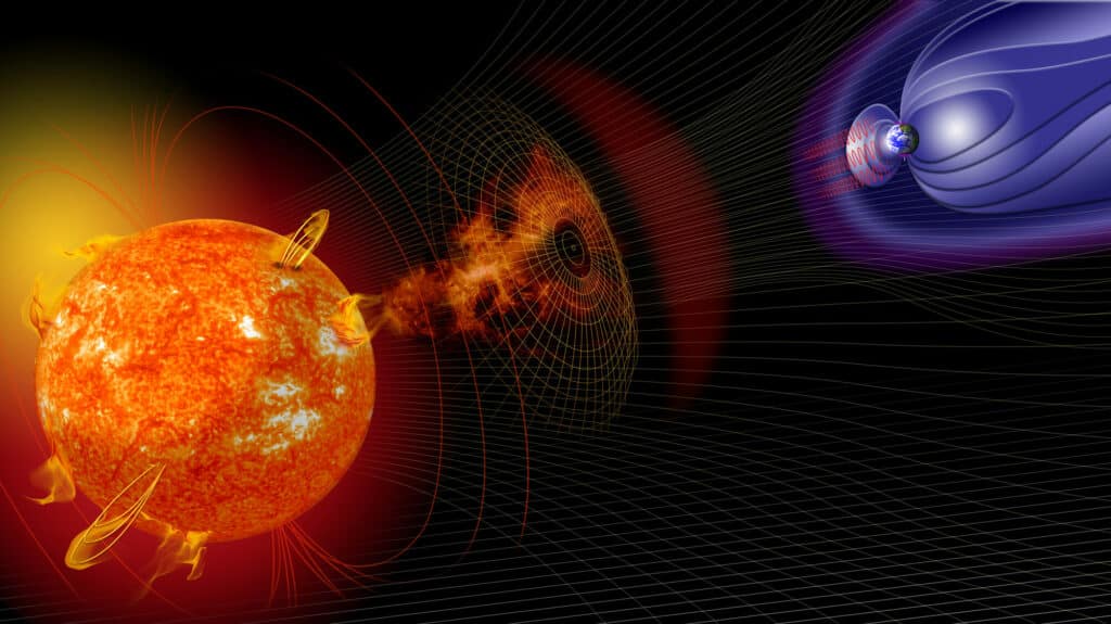 Artist illustration of events on the sun changing the conditions in Near-Earth space.