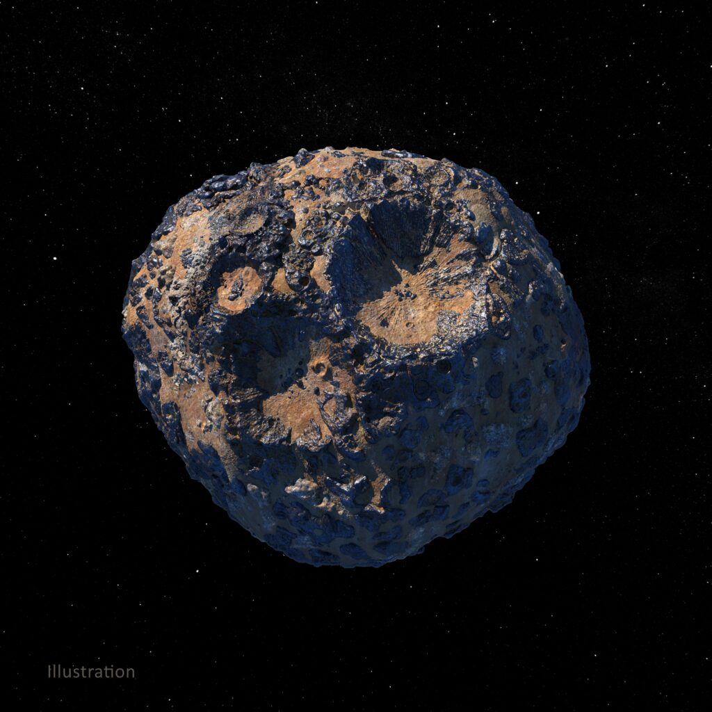 This illustration, created in March 2021, depicts the 140-mile-wide (226-kilometer-wide) asteroid Psyche.