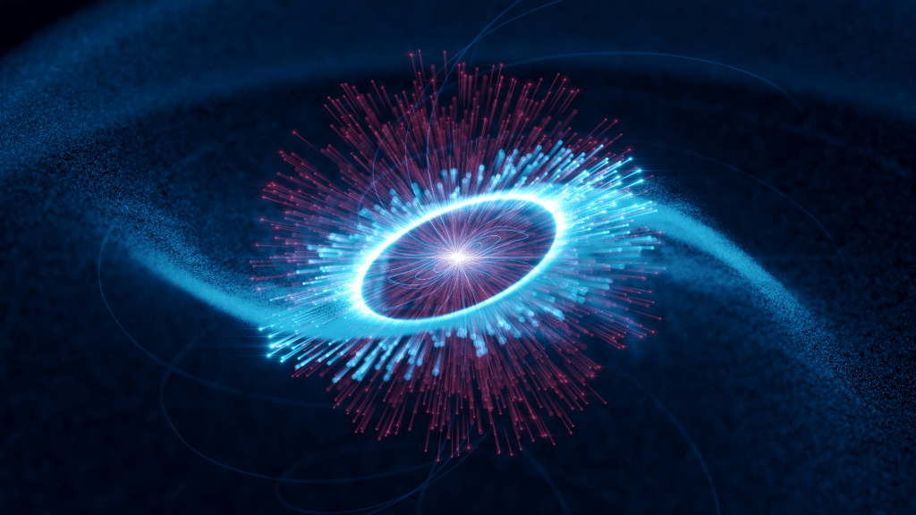 The researchers think that infrared light particles (photons) from the poles of the pulsar are boosted to gamma-ray energies (blue) by fast electrons.