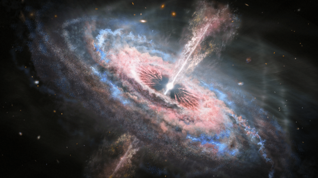 This is an artist’s concept of a galaxy with a brilliant quasar at its center.