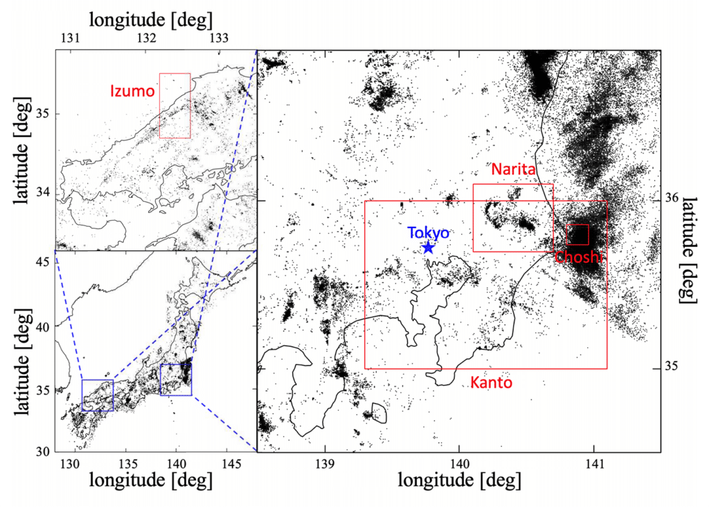 Data on earthquakes was taken from Japan’s Kanto region (including Tokyo and Narita) and Izumo in the Chugoku region (north of Hiroshima).