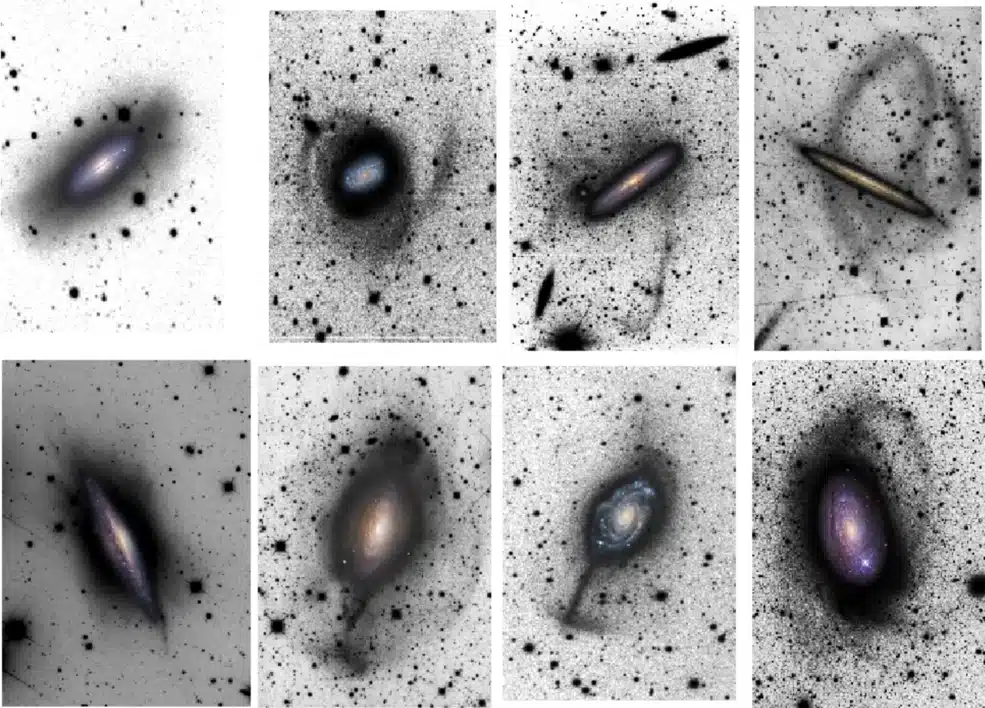 This series of images shows how astronomers find stellar streams by reversing the light and dark, similar to negative images, but stretched to highlight the faint streams.