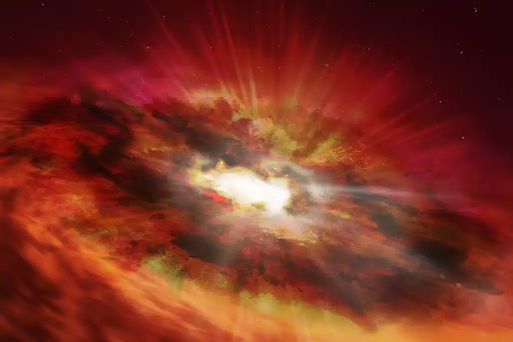This artist's impression is of a supermassive black hole that is inside the dust-shrouded core of a vigorously star-forming "starburst" galaxy.
