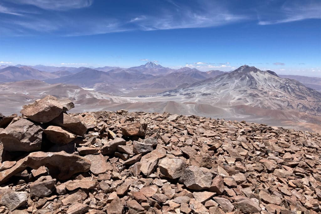 A view from the summit of Volcán Salín, one of three Andean volcanoes where researchers uncovered the mummified cadavers of mice.