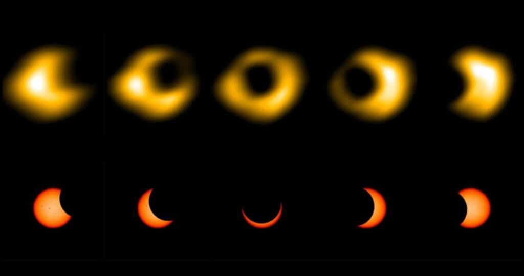 Upper row: Radio images of the 2023 Oct. 14 solar eclipse observed by the Long Wavelength Array at the Owens Valley Radio Observatory Bottom row: Schematic representation of what visible images of the eclipse looked like at the same time.