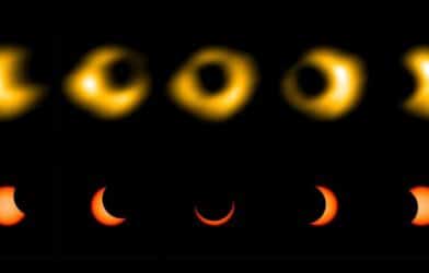 Upper row: Radio images of the 2023 Oct. 14 solar eclipse observed by the Long Wavelength Array at the Owens Valley Radio Observatory Bottom row: Schematic representation of what visible images of the eclipse looked like at the same time.