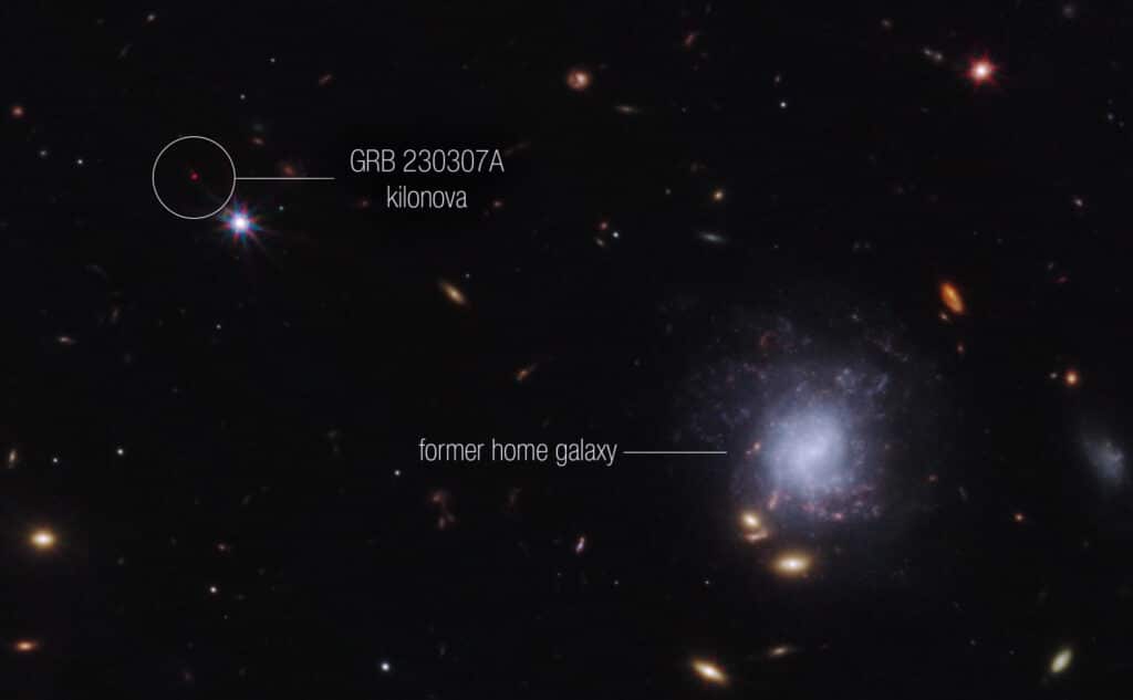 This image from NASA’s James Webb Space Telescope NIRCam (Near-Infrared Camera) instrument highlights Gamma-Ray Burst (GRB) 230307A and its associated kilonova, as well as its former home galaxy, among their local environment of other galaxies and foreground stars
