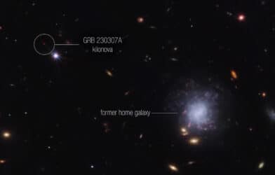 This image from NASA’s James Webb Space Telescope NIRCam (Near-Infrared Camera) instrument highlights Gamma-Ray Burst (GRB) 230307A and its associated kilonova, as well as its former home galaxy, among their local environment of other galaxies and foreground stars