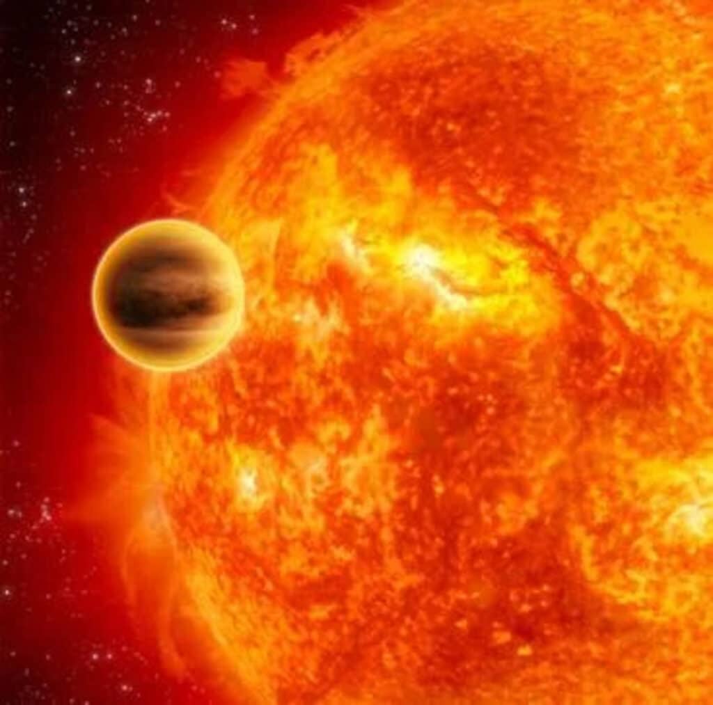 Artist rendering of a gas-giant exoplanet transiting across the face of its star