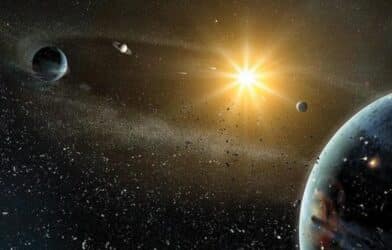 Artist's depiction of an extra-solar system that is crowded with giant planets